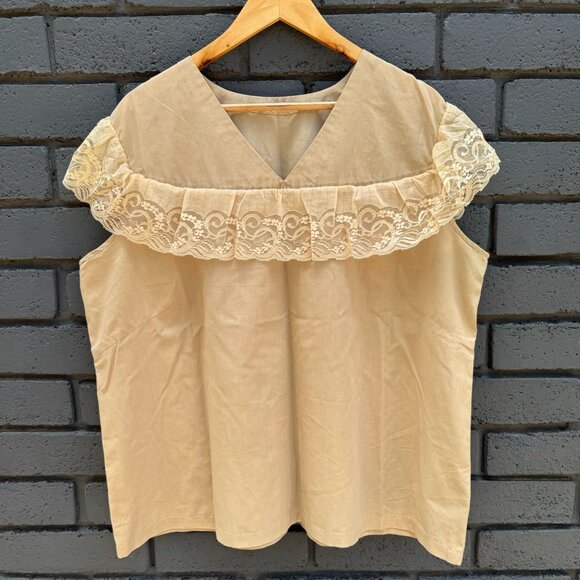 Handmade Tops - VTG 70s 80s Handmade Cottage Boho Lace Trim Blouse Tunic Top Plus Size 3XL Cream